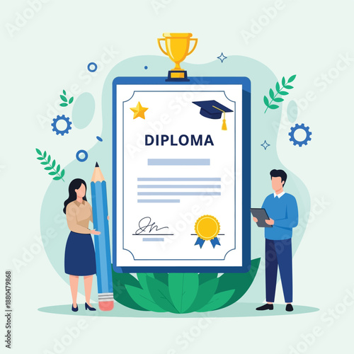 Celebrating academic achievement: a diploma, trophy, and dedicated students