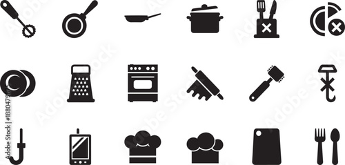 Collection of various kitchen utensils and cooking appliance icons