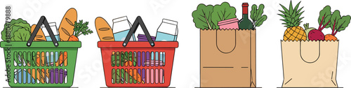 Grocery shopping baskets and paper bags vector illustration with fresh vegetables, fruits, bread, and food supplies set