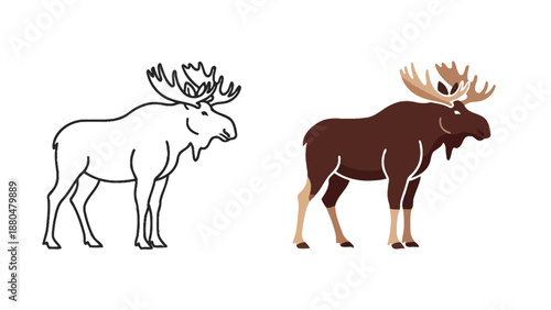 Vector graphic design showcasing two stylized moose illustrations one being a simple outline and the other a filled brown color version