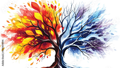 Vibrant tree with colorful leaves in autumn and winter symbolizing change and seasons on white background