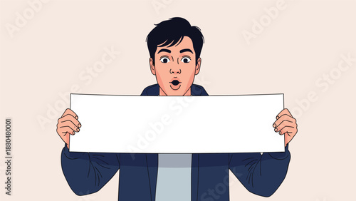Surprised young man with an open mouth holding a long blank white banner board for announcements or marketing messages.