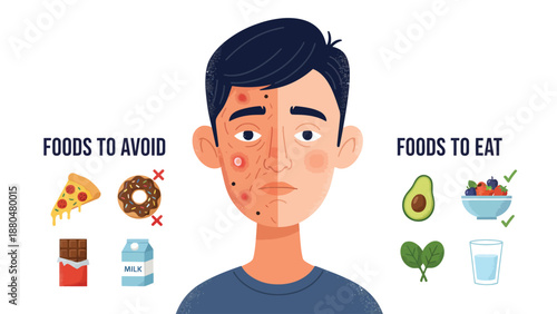 Man with acne skin and healthy diet concept foods to avoid and eat for clear skin