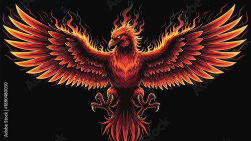 Majestic phoenix bird rising from flames with vibrant orange and red feathers spread wide on black background
