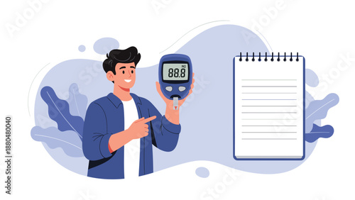Smiling man pointing at a blood glucose meter for diabetes monitoring next to a blank notebook page for recording health data.