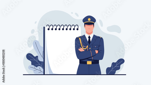 Man in a dark blue military or pilot uniform standing with arms crossed next to a large blank spiral notebook for official records.