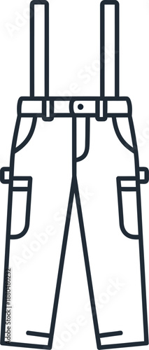 Line art illustration of classic workwear pants with suspenders and utility pockets