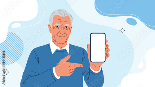 Senior man with grey hair holds a smartphone with a blank white screen and points at it against a blue abstract background.