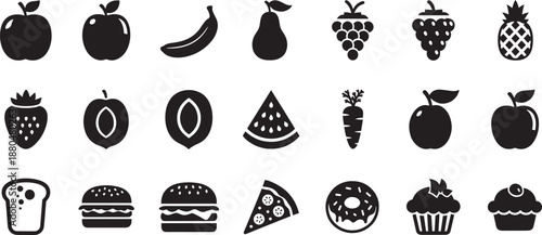 Set of black silhouette food icons fruits vegetables snacks burgers pizza
