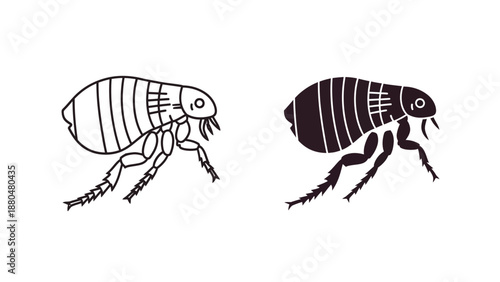 Set of two stylized vector icons depicting a flea insect side profile in both outline and solid silhouette forms for pest control design concepts
