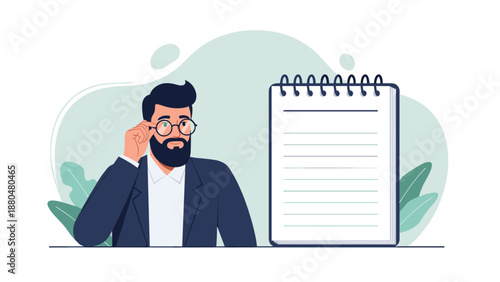 Serious businessman with a beard and glasses looking at a large blank spiral notepad while adjusting his eyewear in a professional setting.