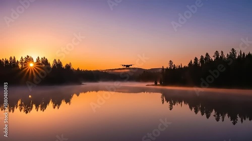 Wallpaper Mural Aerial View of a Small Aircraft Flying Over a Calm Lake at Sunrise with Mist Rising and Forest Reflections Torontodigital.ca
