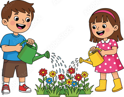 Cartoon children watering flowers, gardening kids, teamwork outdoors, colorful blossoms, nature care, cheerful garden scene, spring activity, cute boy and girl, illustration art