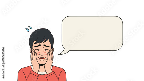 Young man crying and holding his face in distress with tears falling and a blank speech bubble for your own message or text.