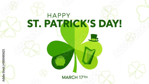 Happy St Patricks Day greeting card with shamrock pot of gold harp and top hat a festive Irish celebration design for March 17th