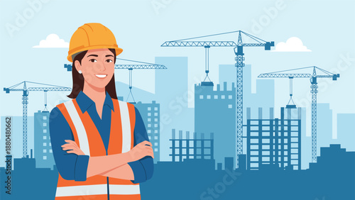 Confident female construction worker wearing an orange safety vest and yellow hard hat standing with her arms crossed at a city site.