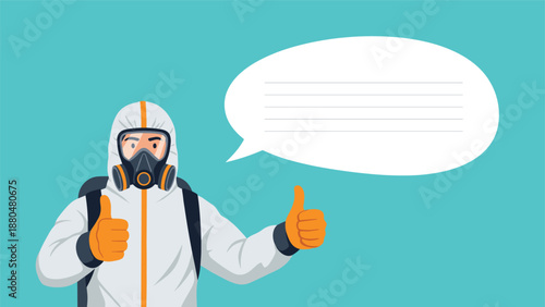 Person wearing a white hazmat suit with a gas mask giving a thumbs up gesture next to a blank speech bubble with lines for text.