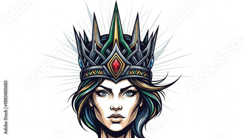 Regal queen wearing an ornate crown fantasy portrait illustration for game design and mythical concept art isolated on white