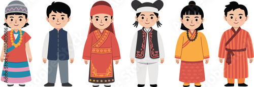 Cartoon children wearing traditional Asian ethnic costumes, cultural clothing diversity, international kids illustration, heritage outfits, multicultural group character design