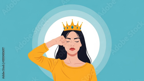 Woman wearing a golden crown with a determined expression symbolizing power and royalty flat vector illustration for concept design