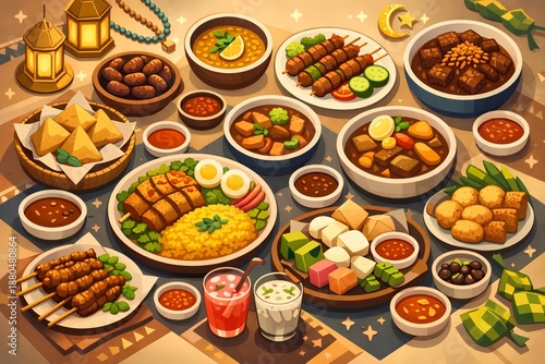 Ramadan Kareem Iftar Food Illustration for Festive Islamic Campaign Design