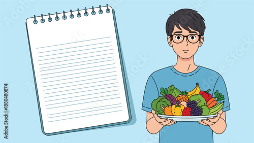 Young man in glasses holding a tray full of various fresh vegetables and fruits next to a large blank spiral notepad for diet tips.