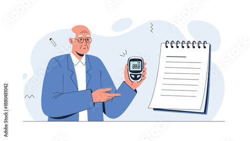 Senior man with glasses holding a blood glucose meter and pointing at a large blank logbook for monitoring sugar levels daily.