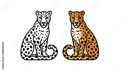 Two stylized cheetah icons one black and white outline and one fully colored illustration sitting together showcasing feline beauty