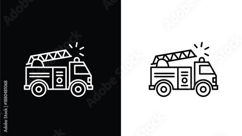 A line art illustration of a fire truck with a ladder extended on a black and white background.