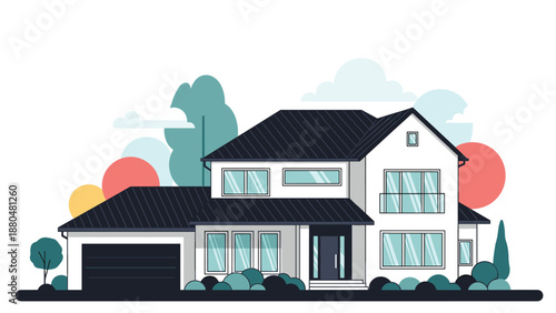 Modern two-story residential house with a dark roof, white walls, large windows, and a garage against a landscape with colorful trees.