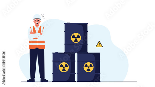 Nervous construction worker in safety gear standing near a stack of barrels marked with yellow radioactive warning symbols.