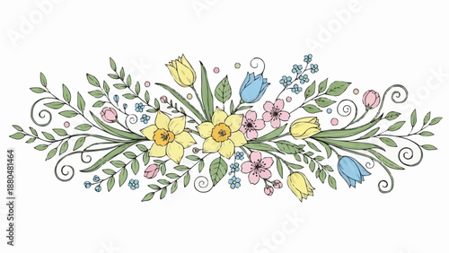 Spring floral arrangement with daffodils and tulips.