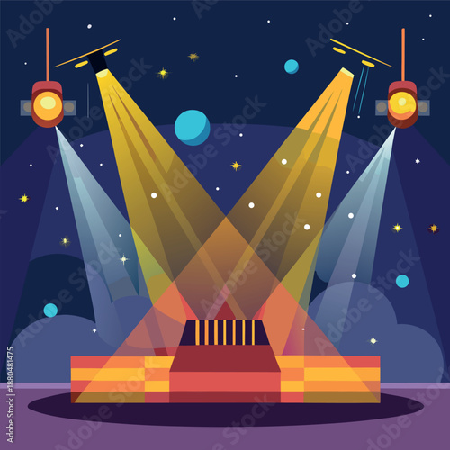 A colorful stage at night with bright spotlights shining down, glowing lights