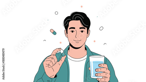 Smiling young man holding a blue and white medical capsule and a glass of water while looking at the camera in a portrait.