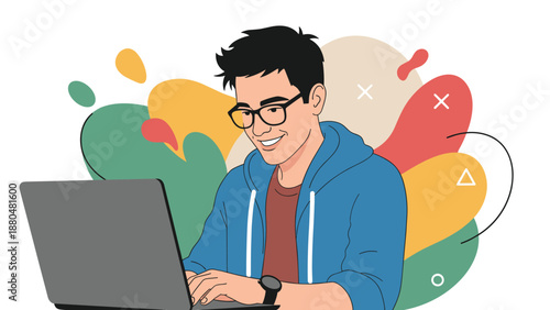 Happy young man with glasses using his laptop computer and smiling against a colorful abstract background with various shapes.