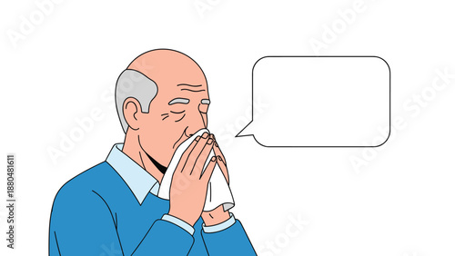 Elderly man with grey hair blowing his nose into a tissue with his eyes closed and a blank speech bubble for health advice.