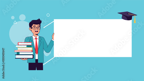 Smiling student in a suit holding a stack of books next to a large blank white board with a graduation cap icon for text.