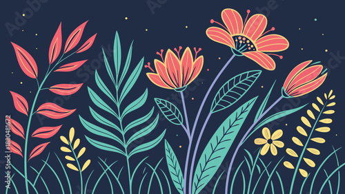 Vibrant colorful flowers and leaves illustration on dark blue background with stars
