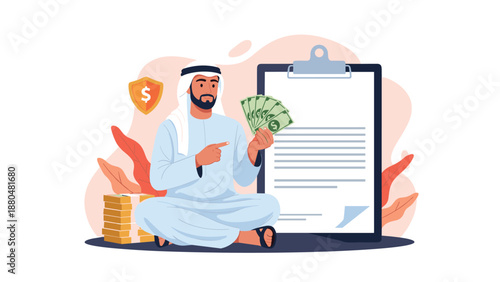 Middle eastern man in traditional clothing holding cash and pointing to document on clipboard for business agreement.