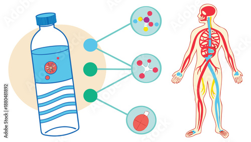 Human body with skeleton and internal organs illustrating hydration and cellular health with a water bottle and microbiome