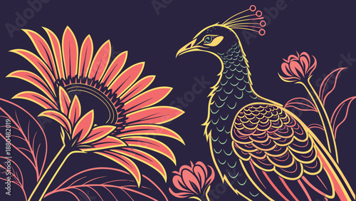 Vibrant peacock bird standing beside large pink sunflower with purple and orange hues on dark background