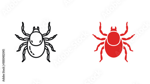 Simple vector icon set illustrating two different styles of parasitic tick symbols one outlined black and one solid bright red against white