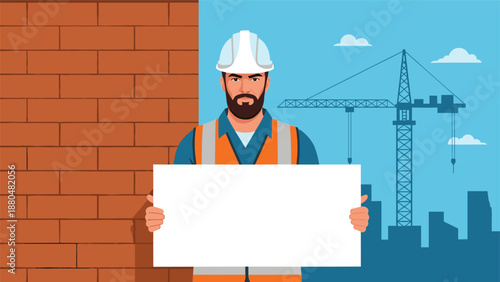 Construction worker in a safety helmet holding a blank white board in front of a brick wall and a city crane.