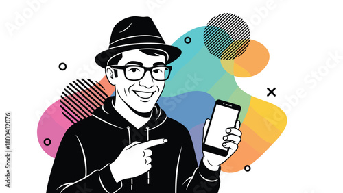 Man in a stylish hat and glasses pointing to a smartphone with a blank screen for app promotion or digital ads.