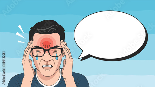 Man suffering from a painful headache with tears and a red forehead with a blank speech bubble for health text.