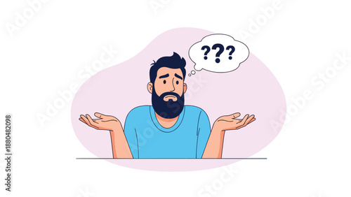 Bearded man shrugging with open palms and question marks in a thought bubble representing confusion or doubt.
