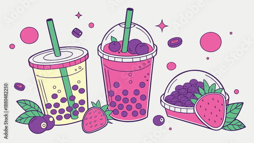 Colorful illustration of bubble tea drinks with boba and fruit vibrant pink and purple hues refreshing summer beverage concept with straws and strawberries