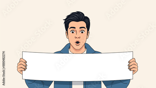 Surprised young man holding a long blank white horizontal banner for announcements, headlines, or advertising.