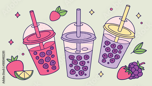 Colorful bubble tea drinks with boba and fruit on a pastel background perfect for beverage advertising or social media posts