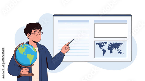 Young man holding a globe and pointing at an educational screen with a world map and blank information boxes.